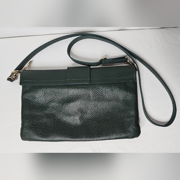 Italian Made Genuine Pebbled Leather Crossbody Purse Dark Green Buckle Flap - Picture 7 of 14